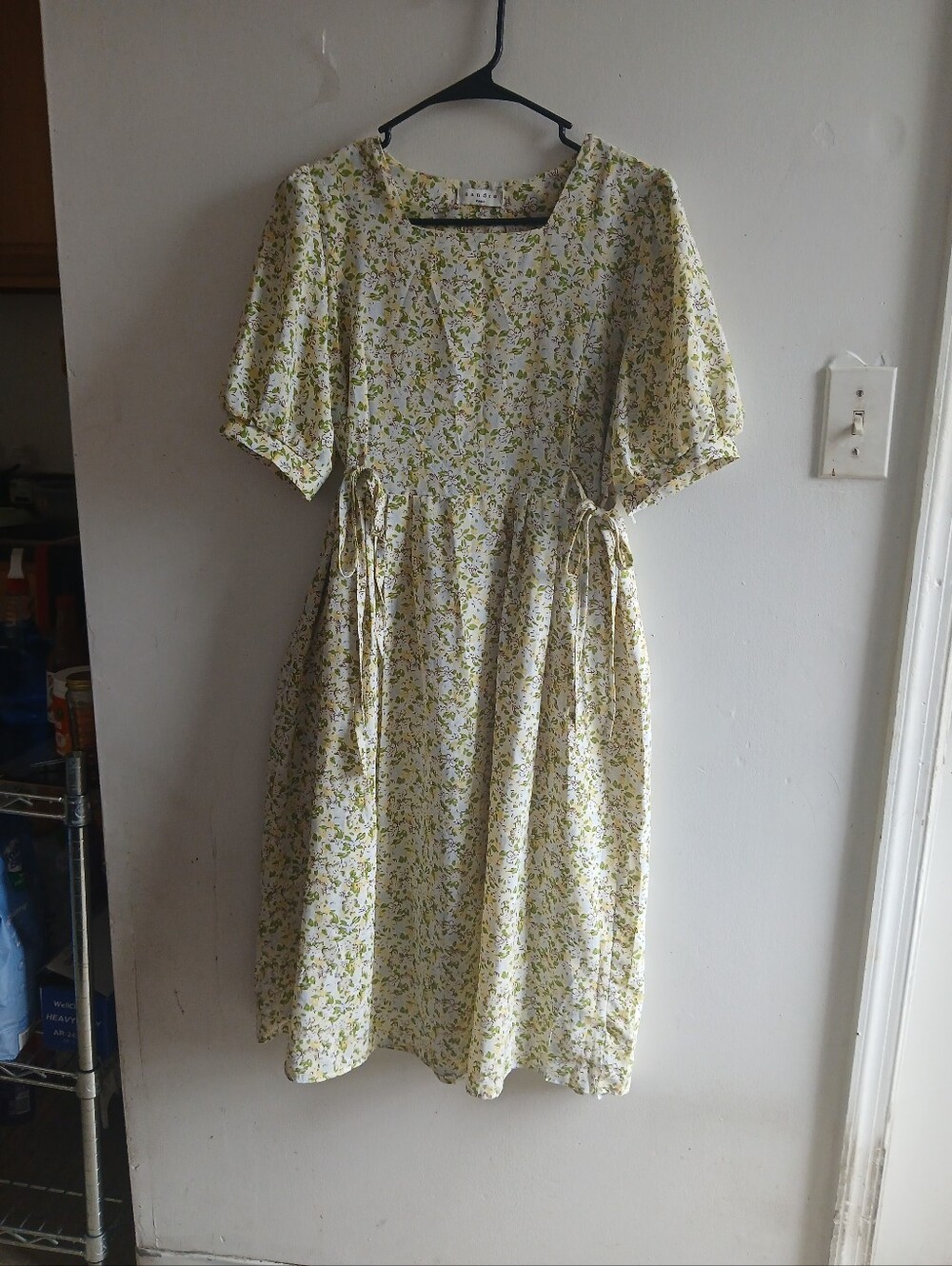Sandro Cream and Light Green Floral Tie-Waist Midi Dress